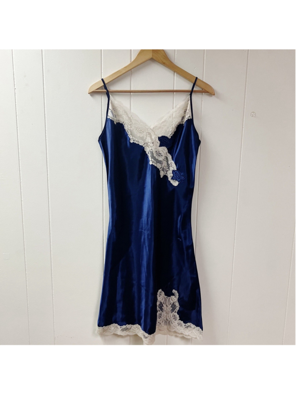 Vtg 90s Gold Label Victoria’s Secret Satin Lace Chemise Slip Dress Medium Blue